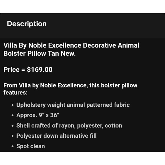 Villa By Noble Excellence Leopard Animal Bolster Pillow Tan New Body Long 36" - Picture 2 of 12